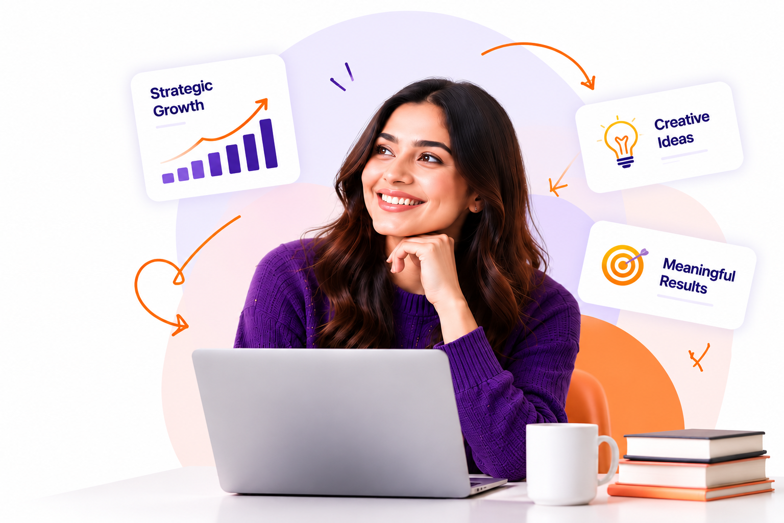Creative marketing workspace illustrating strategic growth, creative ideas and meaningful results